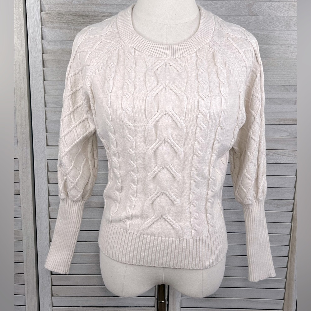 PREMISE Cable Knit Sweater w Lantern Sleeves Cream-XS